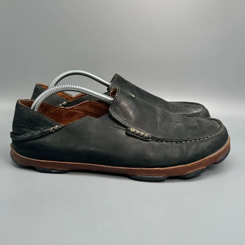 Olukai Moloa Men's 10 Black Nubuck Leather Casual Shoes Slip-On Round Toe Loafer